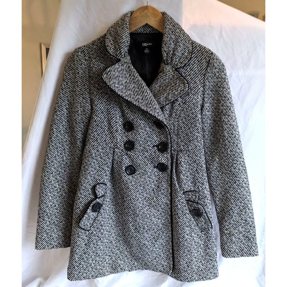 IZ BYER/BYER CALIFORNIA Sharkskin Double-Breasted Pea Coat Wool Blend Size XS